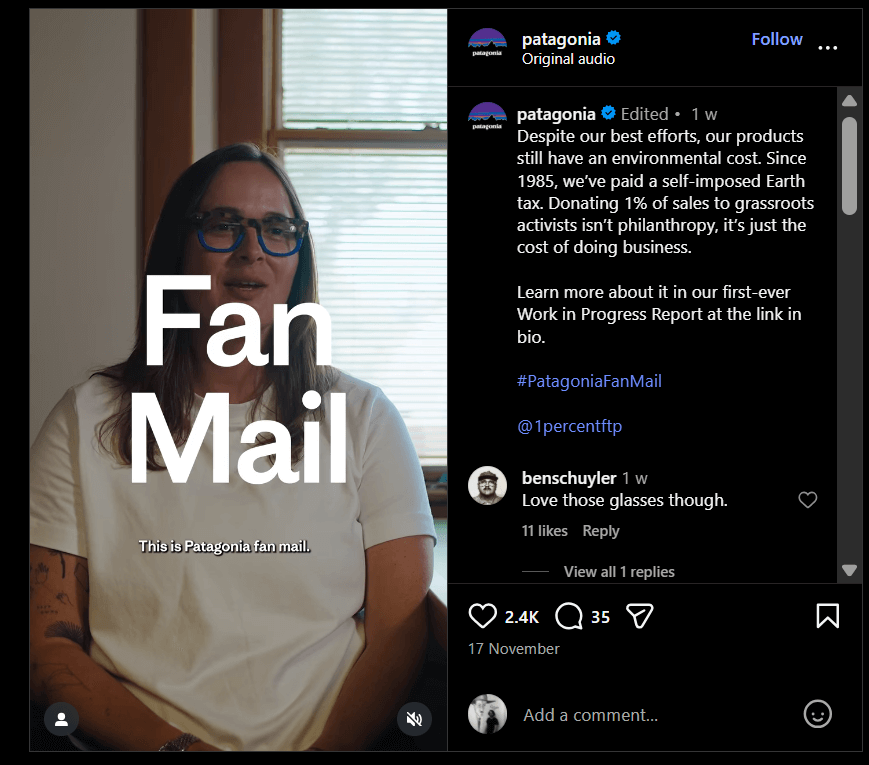 Patagonia's social post on Instagram