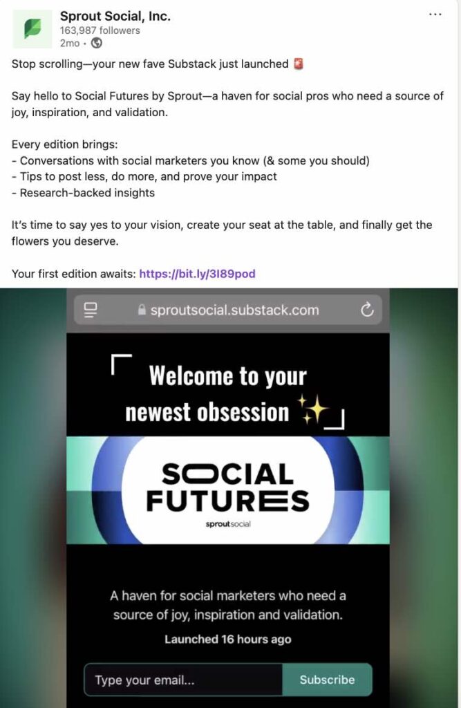 A post on Sprout's LinkedIn page about the launch of Social Futures