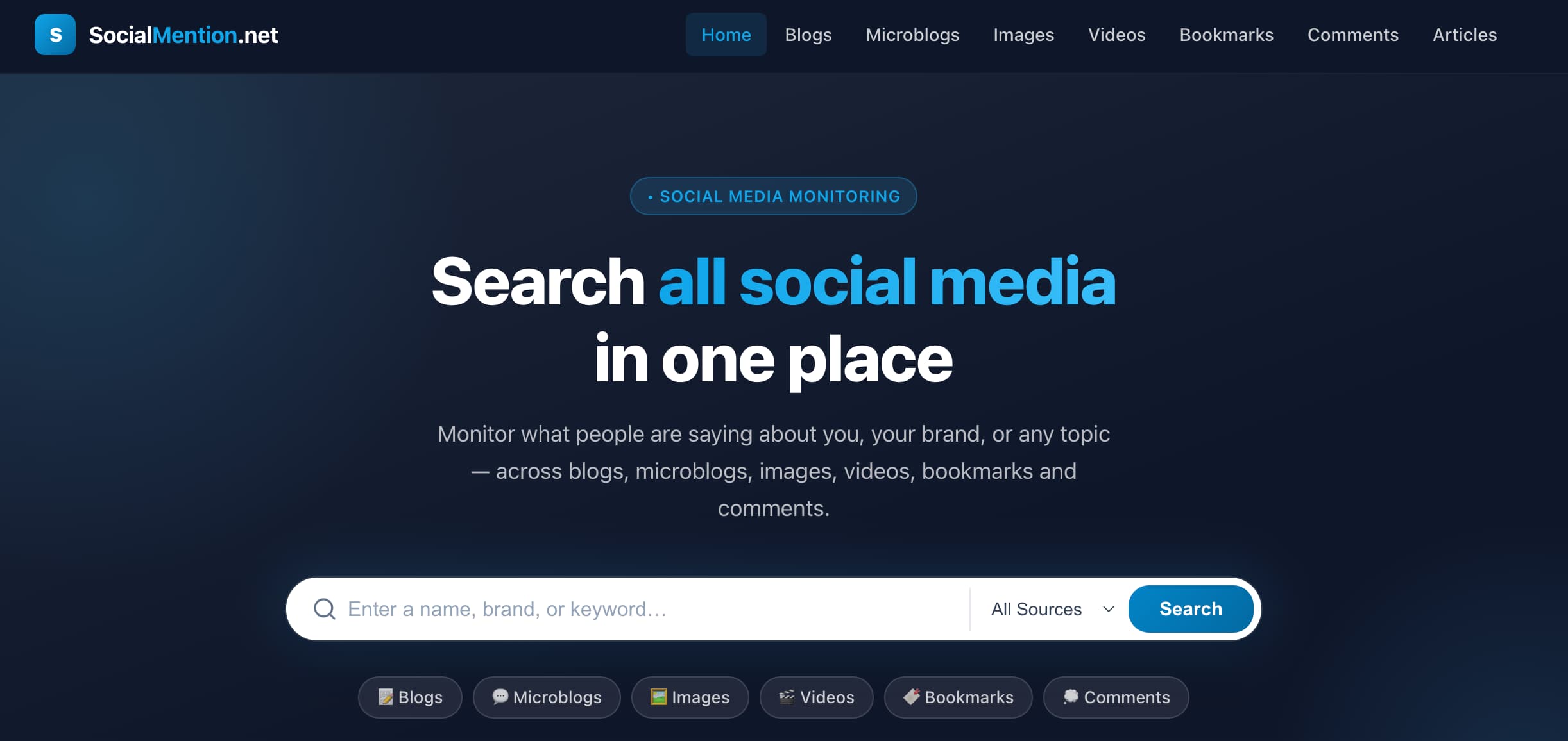 A screenshot of SocialMention's homepage