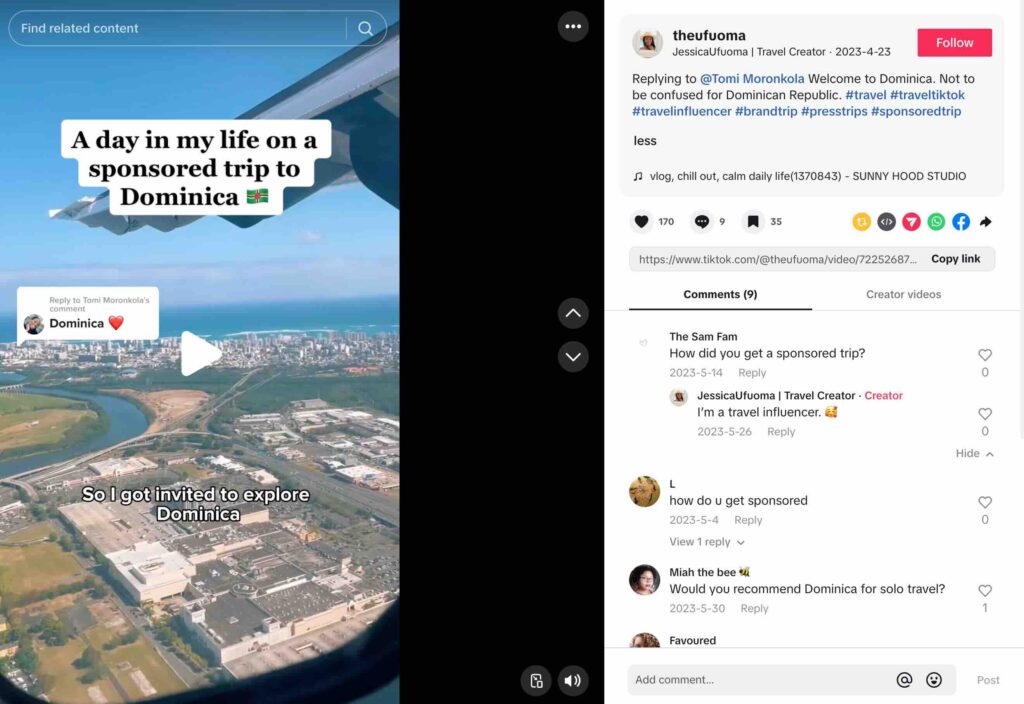 TikTok vlog of a sponsored trip to Dominica from Travel Creator Jessica Ufuoma. She clarifies in the caption that Dominica is not to be confused for the Dominican Republic.