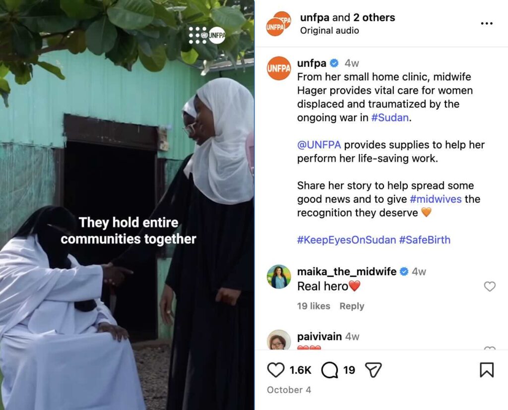 An Instagram Reel from the UNFPA about Hagar, a midwife in Sudan who has brought children into the world and held communities together for generations