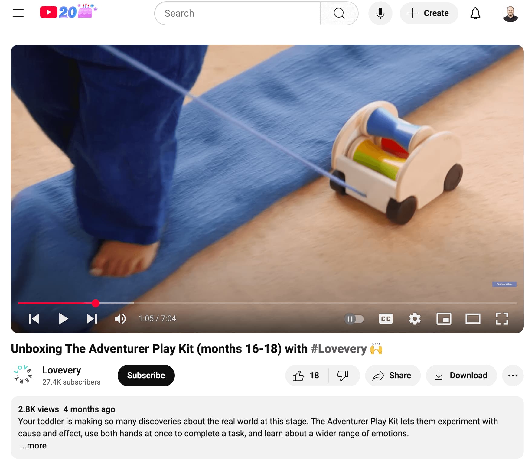 A Lovevery YouTube video of an Adventure Play Kit unboxing with 2.8k views