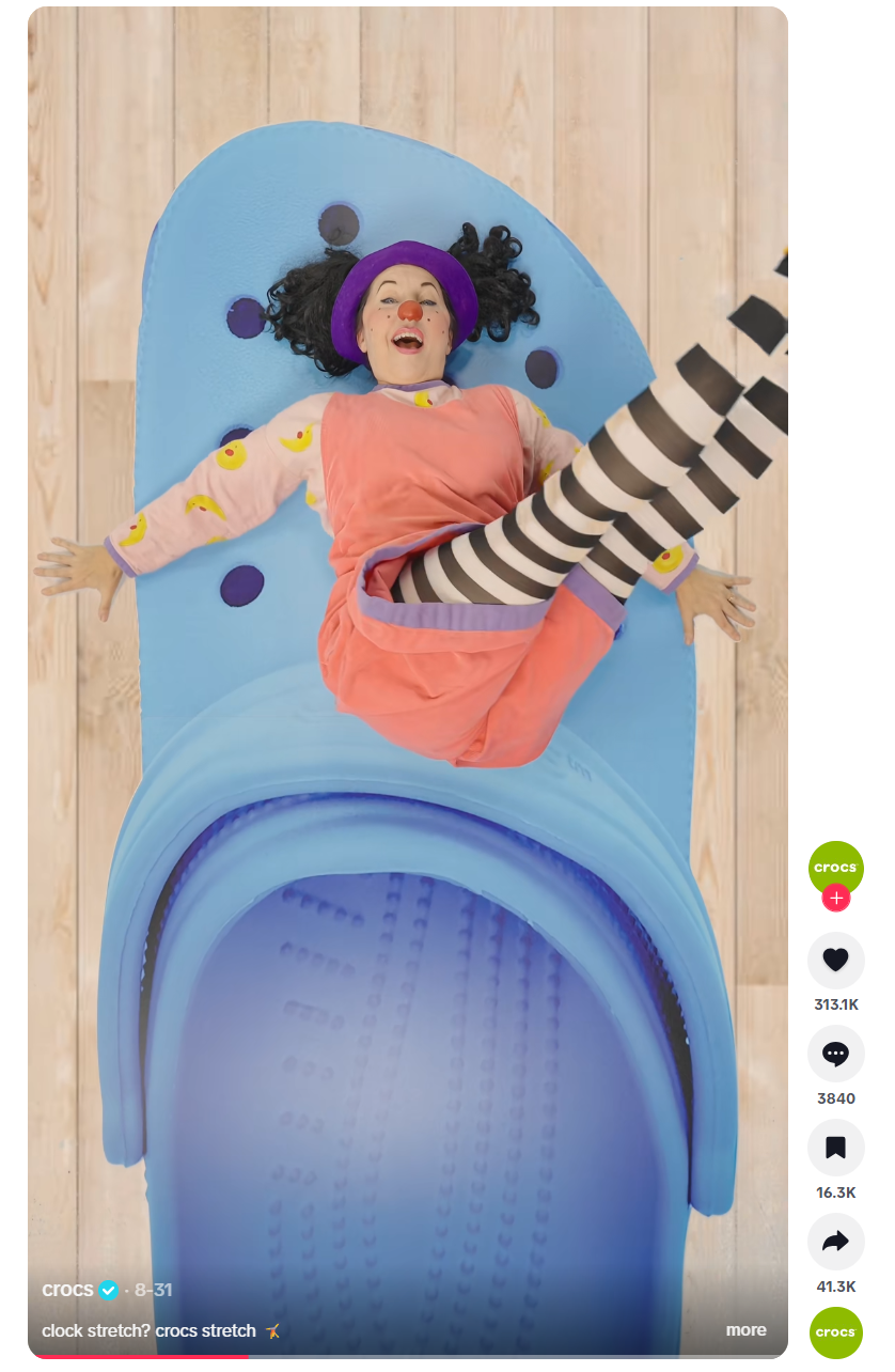 A TikTok from Crocs in collaboration with Loonette the Clown from The Big Comfy Couch.