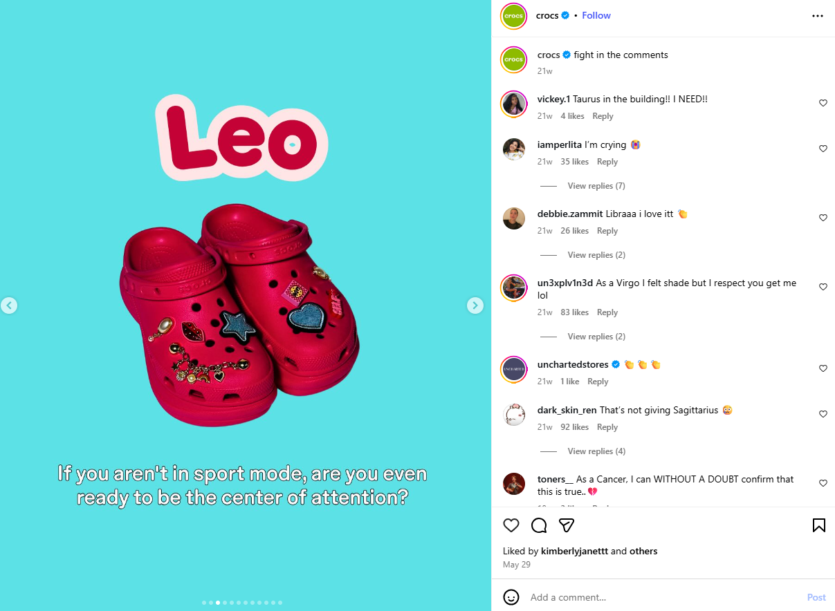 An Instagram post from Crocs explaining what type of Croc is ideal for each astrological sign.