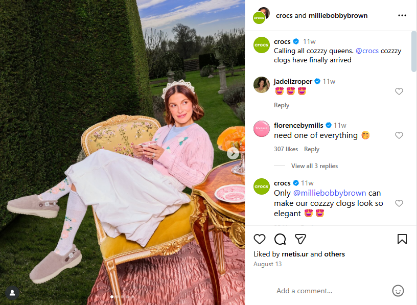 An Instagram post from Crocs in collaboration with Millie Bobby Brown.