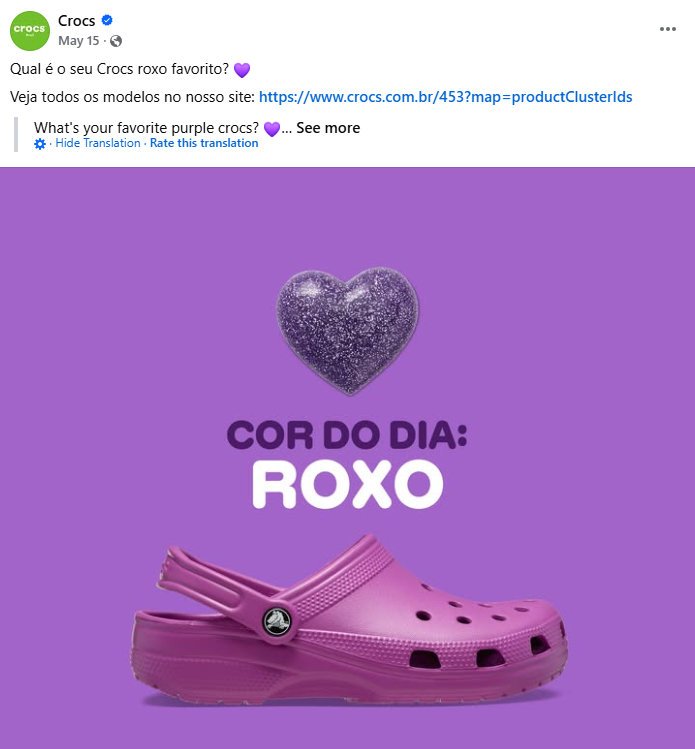 A Crocs Facebook post written in Portuguese.