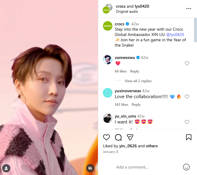 An Instagram post from Crocs in collaboration with Xin Liu.