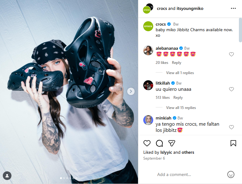 An Instagram post from Crocs in collaboration with Young Miko.