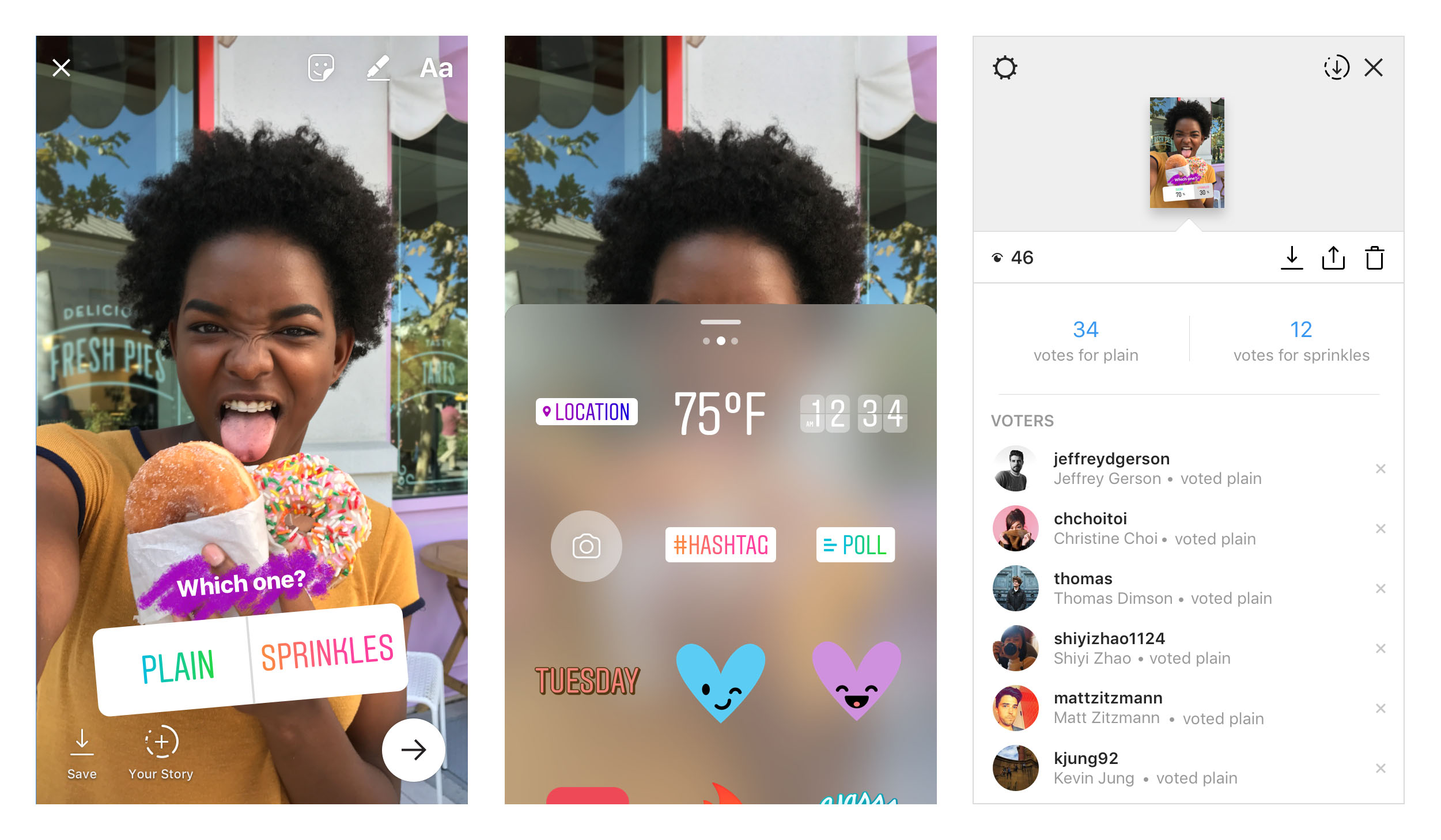 Screenshot showing Instagram Story features with polls, stickers and viewer vote results 