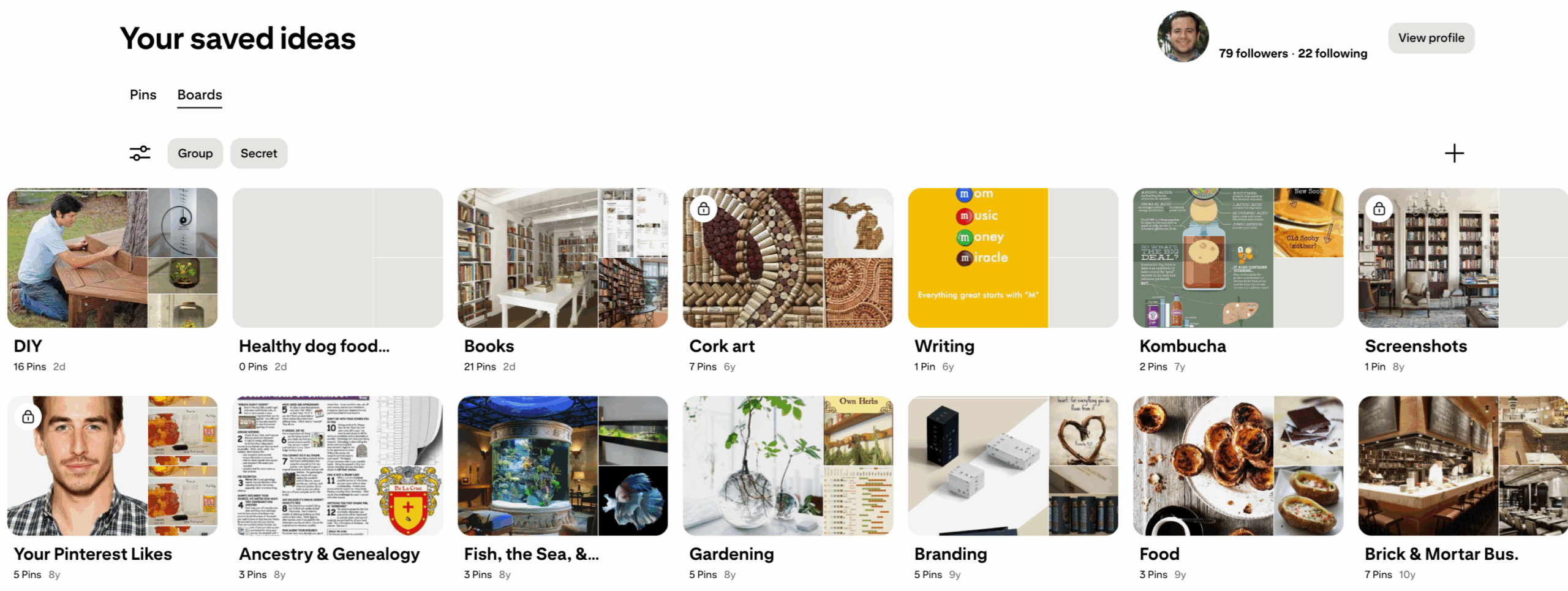 The “Saved ideas” Pinterest interface shows Boards labeled “DIY,” “Kombucha” and “Writing.”