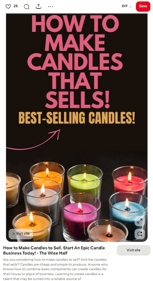 A Pin shows different colored candles on a black background with promotional copy.