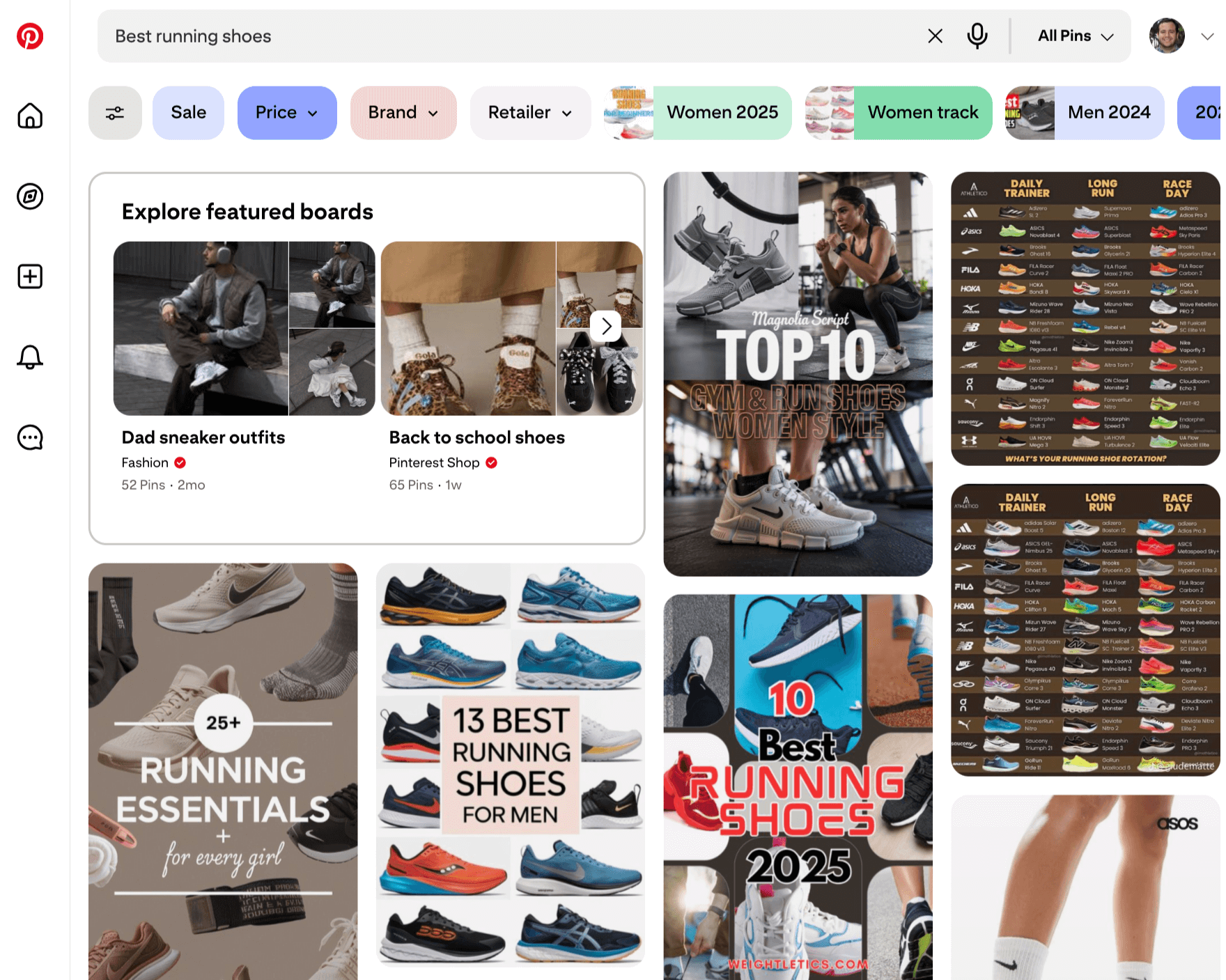 Pinterest search results for “best running shoes” show various shoe lists and style boards.