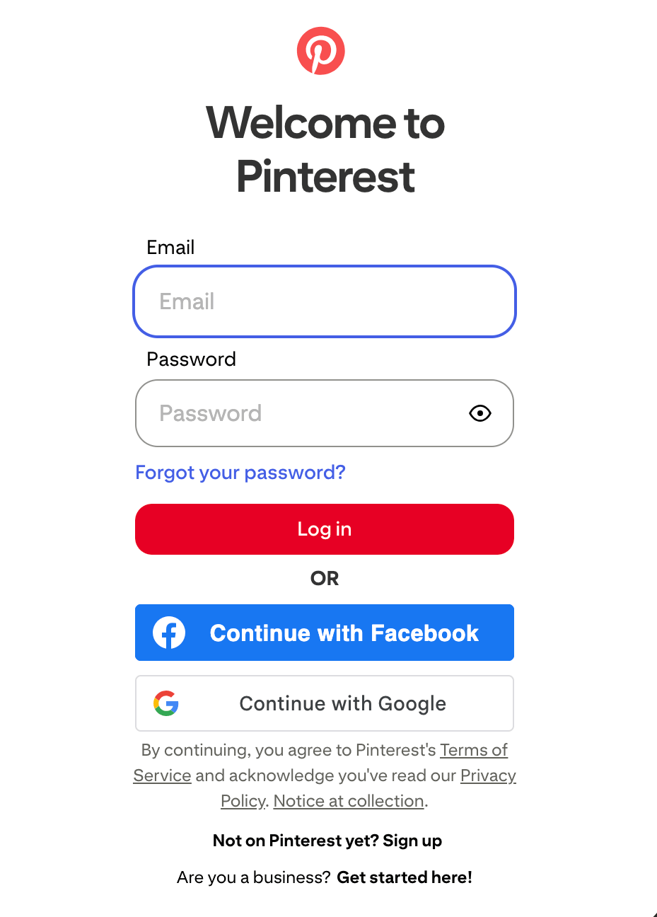 Pinterest’s Sign Up widget asks for an email and password.