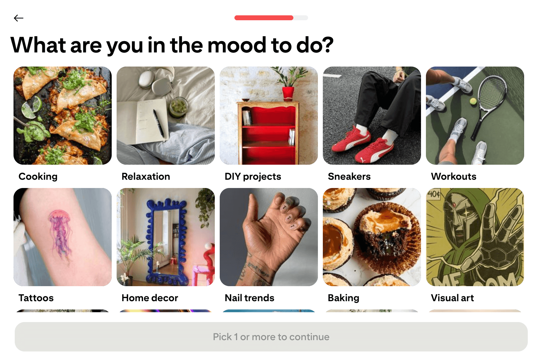 Pinterest’s onboarding flow shows a questionnaire asking what you are in the mood to do.