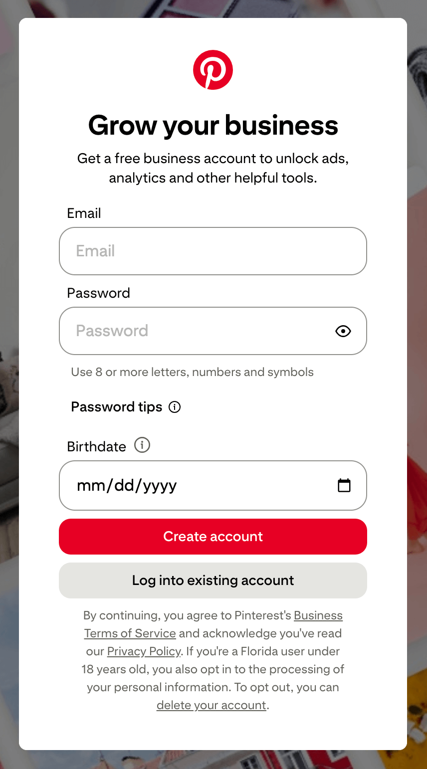 Pinterest’s Sign Up widget for business accounts shows fields asking for an email and a password.