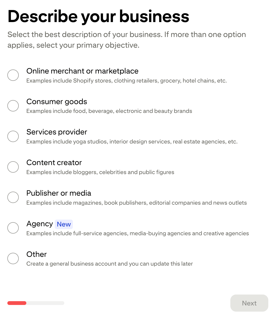 An onboarding questionnaire that asks users to describe their business, with options like “Consumer goods” and “Agency”