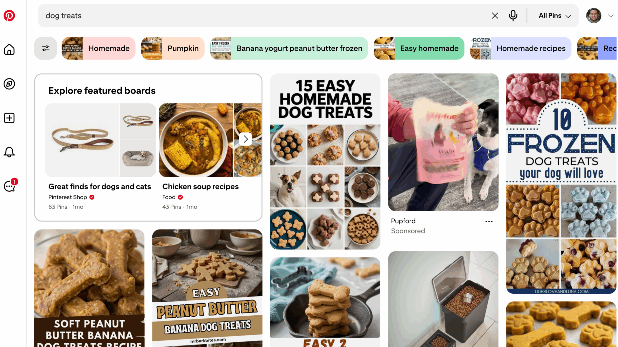 Pinterest search results for “dog treats” show Pins and images about frozen and homemade treats.