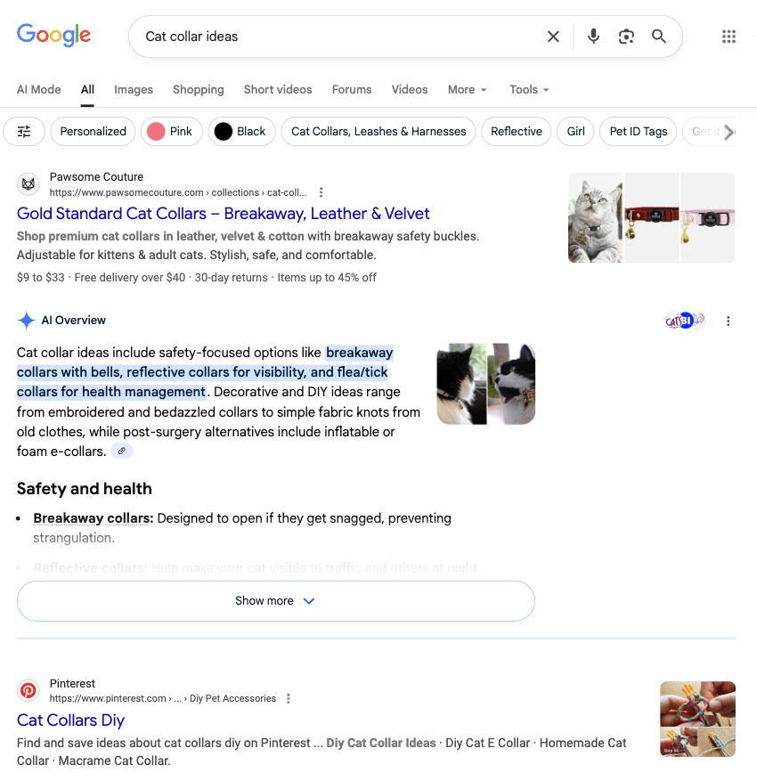 A search for the keyword phrase “cat collar ideas” shows Pinterest first in the SERP.