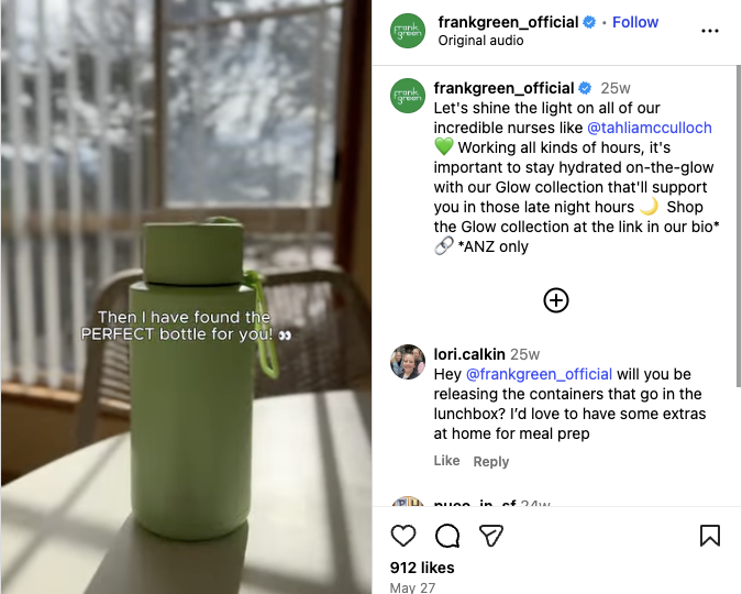 Eco-friendly ecommerce brand Frank Green partnered with micro and nano influencers for UGC, showing how their products fit into people’s lives.
