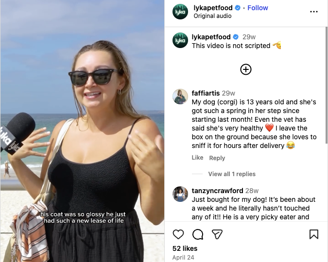 Holistic pet food company, Lyka, films a series of street interview testimonials for Instagram Reels and TikTok.