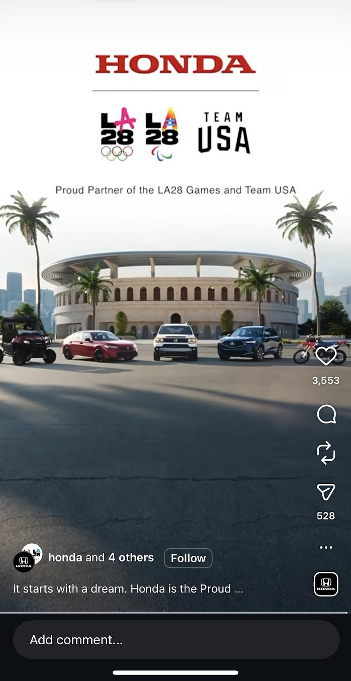 Instagram Reel announcing Honda as the Automotive Partner of Team USA and the LA28 Olympic and Paralympic Games.