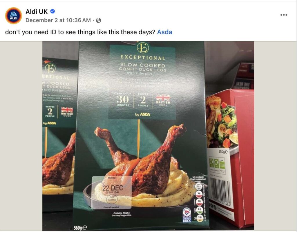 A Facebook post from Aldi UK about the art direction of a duck confit item they sell