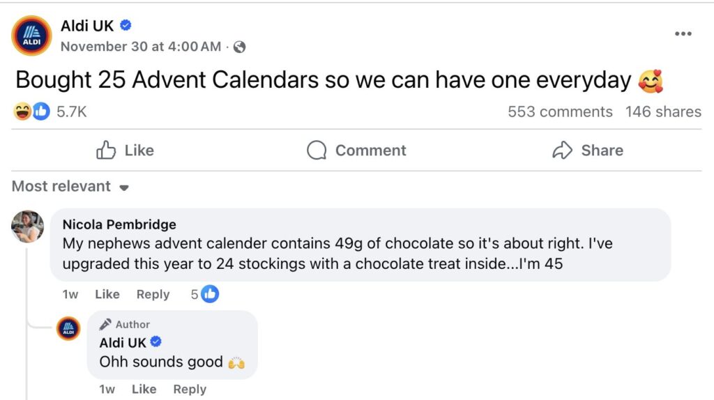 An Aldi UK post about buying 25 advent calendars, one for everyday in December 