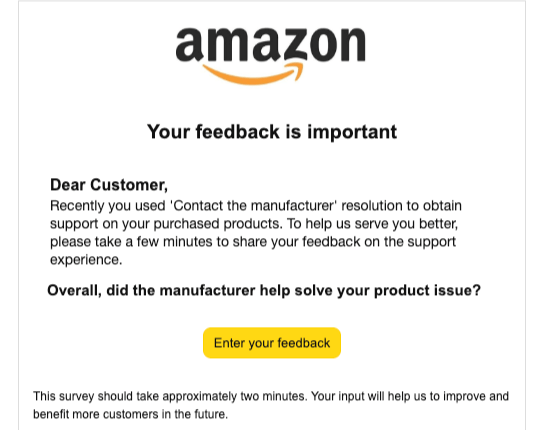 An Amazon email requests feedback after the customer contacted the manufacturer (Source: Amazon)
