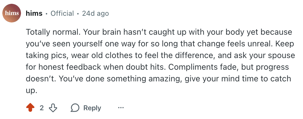 Hims replies with empathy to a user sharing discomfort about body changes (Source: Reddit)