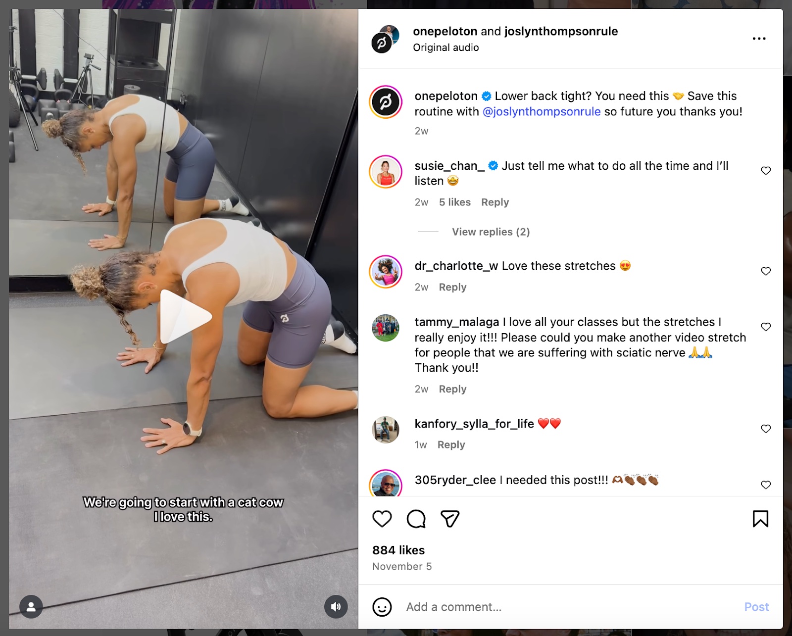 Educational Instagram Reel video from Peloton featuring a trainer-led lower back stretch tutorial