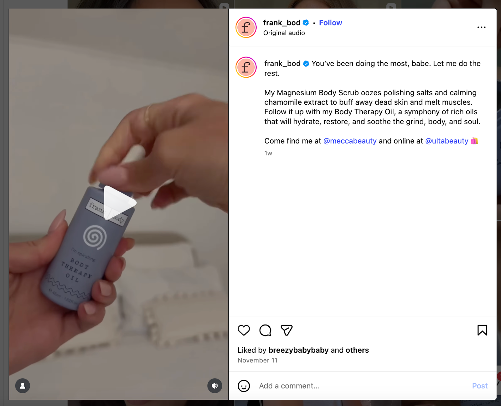 Frank Body video showing their Body Therapy Oil held by a hand.