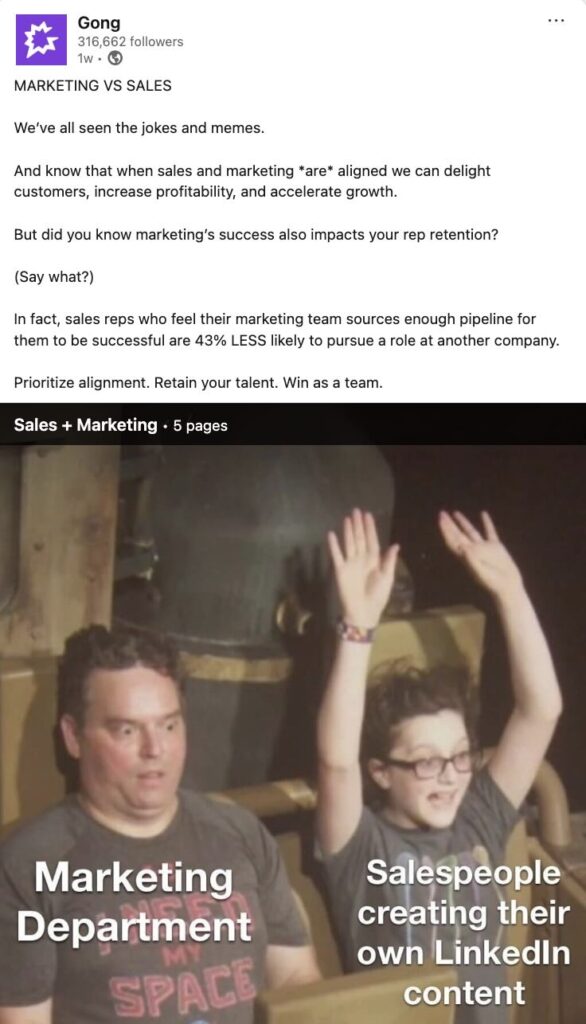 A LinkedIn post from Gong that untangles the relationship between sales and marketing