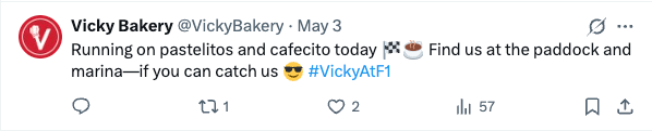 Vicky Bakery’s tweet invites users to join them for the F1 race (Source: X)