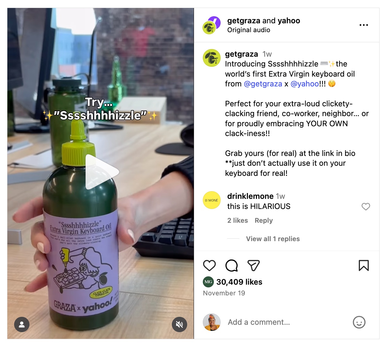 Instagram post from Graza about their brand collaboration with Yahoo.