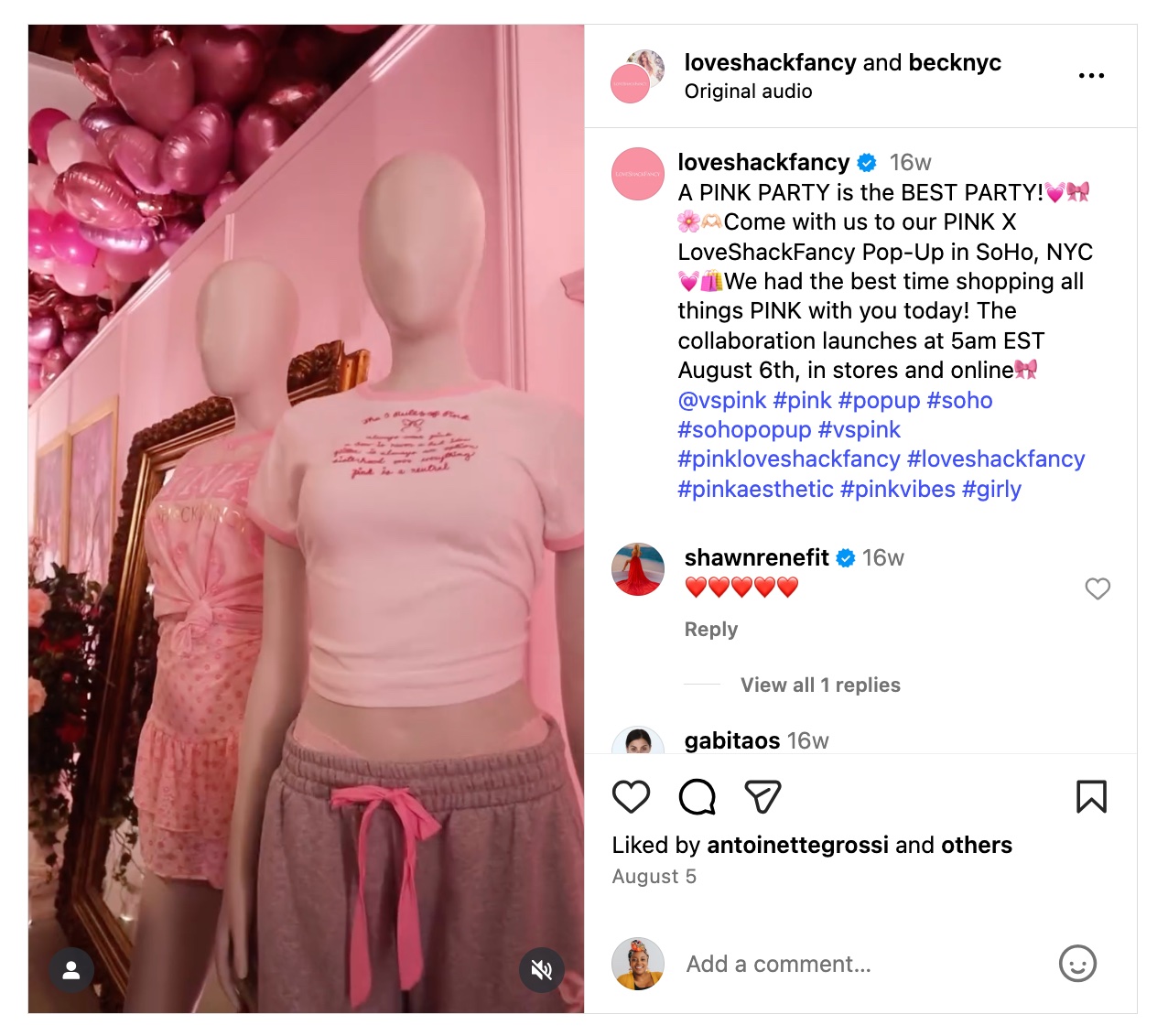 Instagram post from Love Shack Fancy about their brand collaboration with VS Pink and their pop-up in SoHo, NYC.