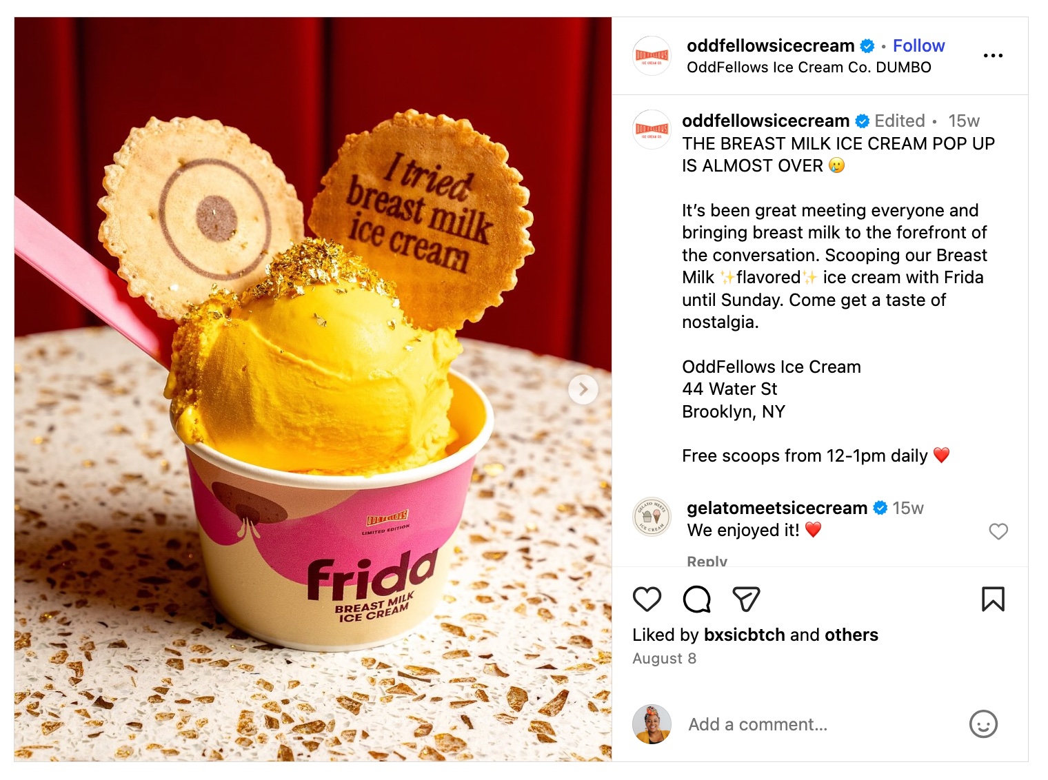 Instagram post from Odd Fellows about their brand collaboration with Frida on their breast milk ice cream.