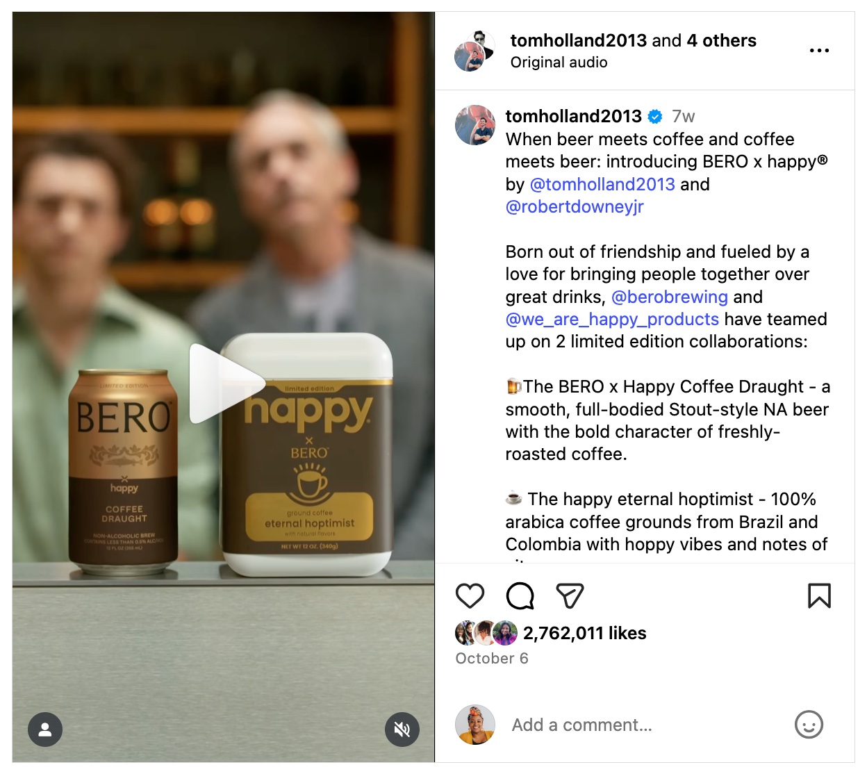 Instagram post from Tom Holland, Robert Downey Jr., BEROm and Happy Coffee announcing their brand collaboration.