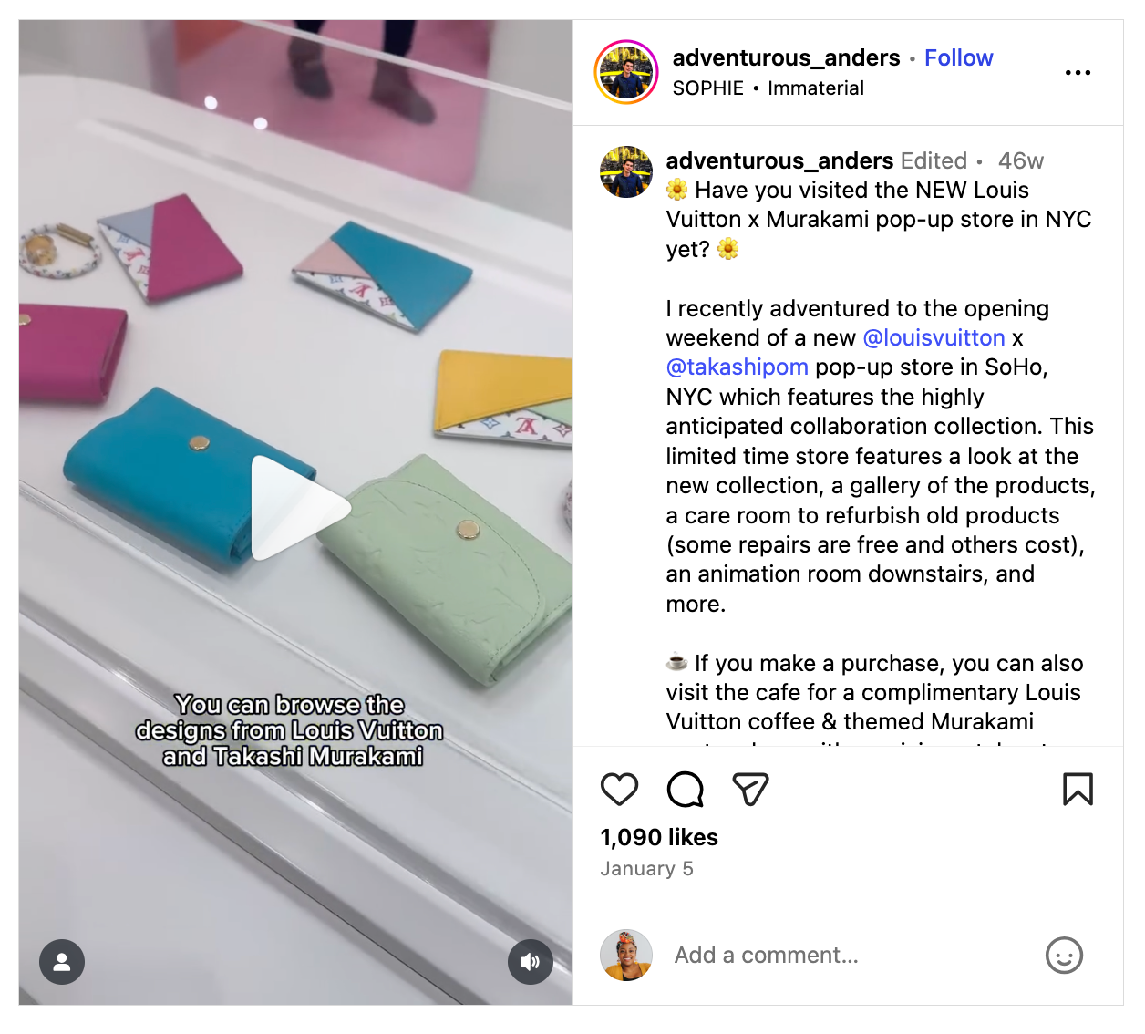 Instagram post from influencer @adventurous_anders about Louis Vuitton and Takashi Murakami’s collaboration and NYC pop-up store.