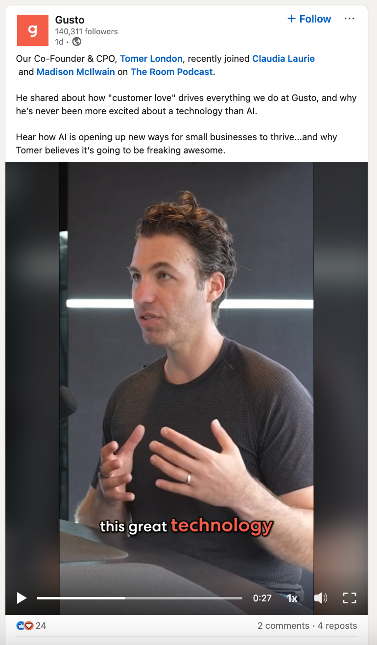 LinkedIn video featuring Gusto co-founder & CPO Tomer London on The Room Podcast