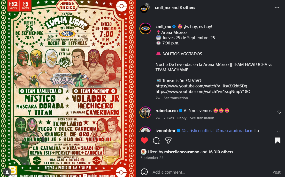 An Instagram photo advertising a Pokemon and CMLL collaboration event 