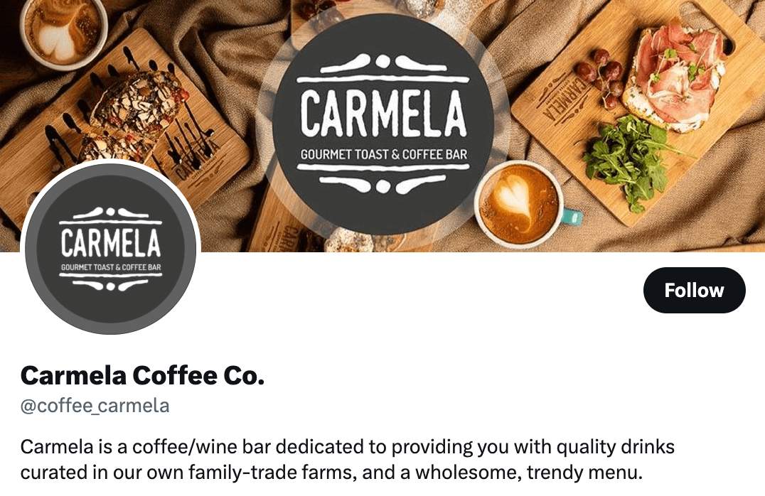 Carmela Coffee Co.’s X profile shows a bio about its commitment to serving quality drinks (Source: X)