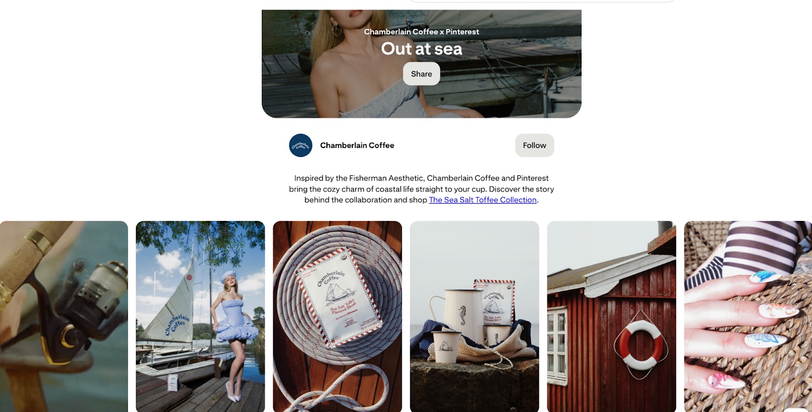 Pinterest’s curated shoppable board for their collaboration with Chamberlain Coffee.