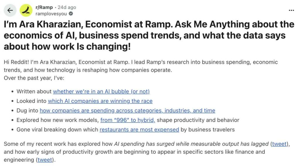 An AMA post on the Ramp subreddit from Ara Kharazian, Economist at Ramp