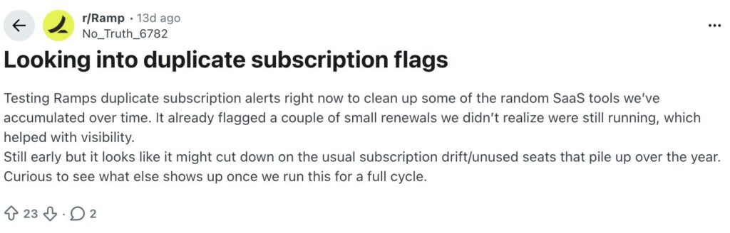 A post on the Ramp subreddit about duplicate subscription flags