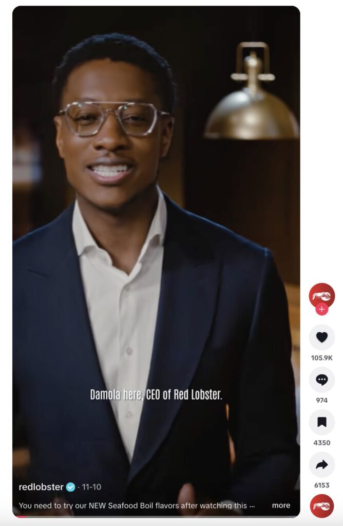 A TikTok video from Red Lobster featuring their CEO talking about new options they are unveiling on their menu