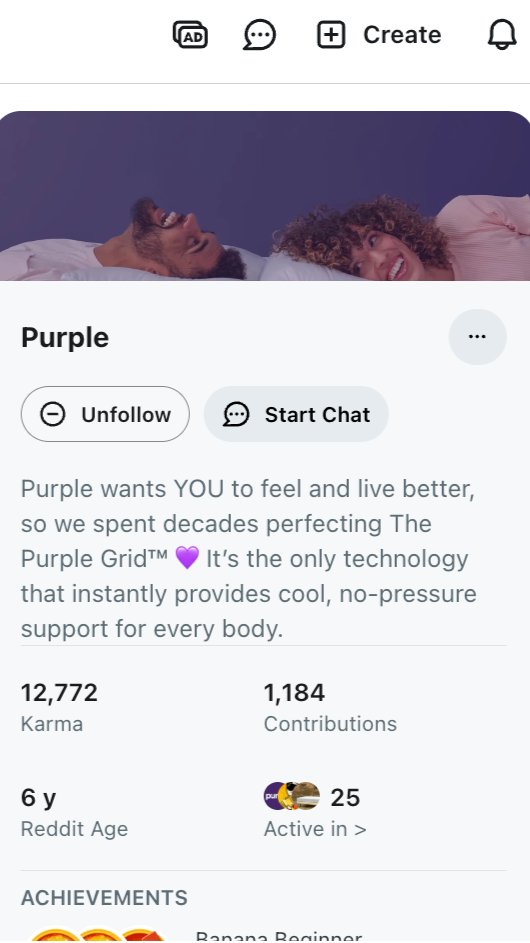 Purple’s Reddit profile showing Karma and post contributions (Source: Reddit)