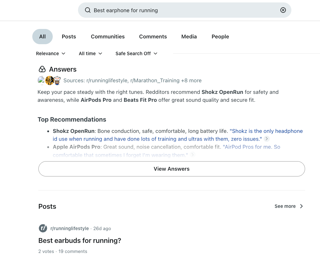 Reddit’s SERP shows AI recommendations for earphones like Shokz OpenRun Pro, as well as posts about earphones and running (Source: Reddit)