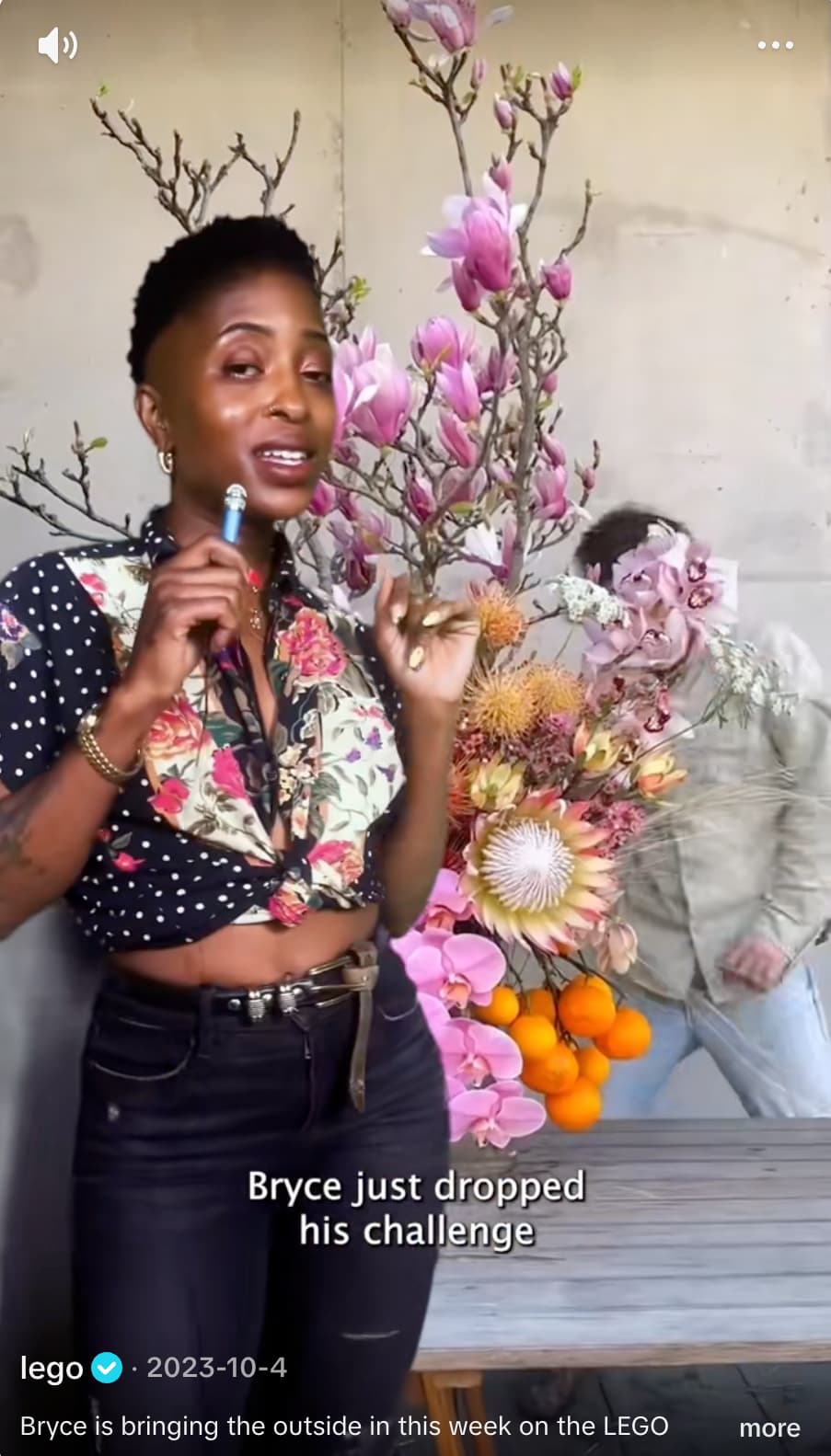 Lego TikTok post of a man named Bryce making bouquets out of LEGOs