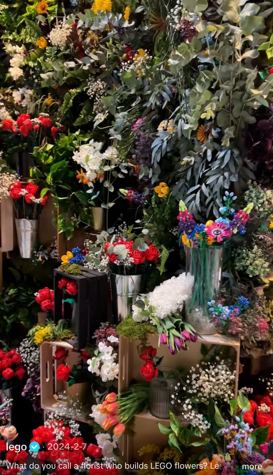 TikTok of countless bouquets of flowers and bouquets made with Legos in a flower stand made by Lego called "Le Florist"