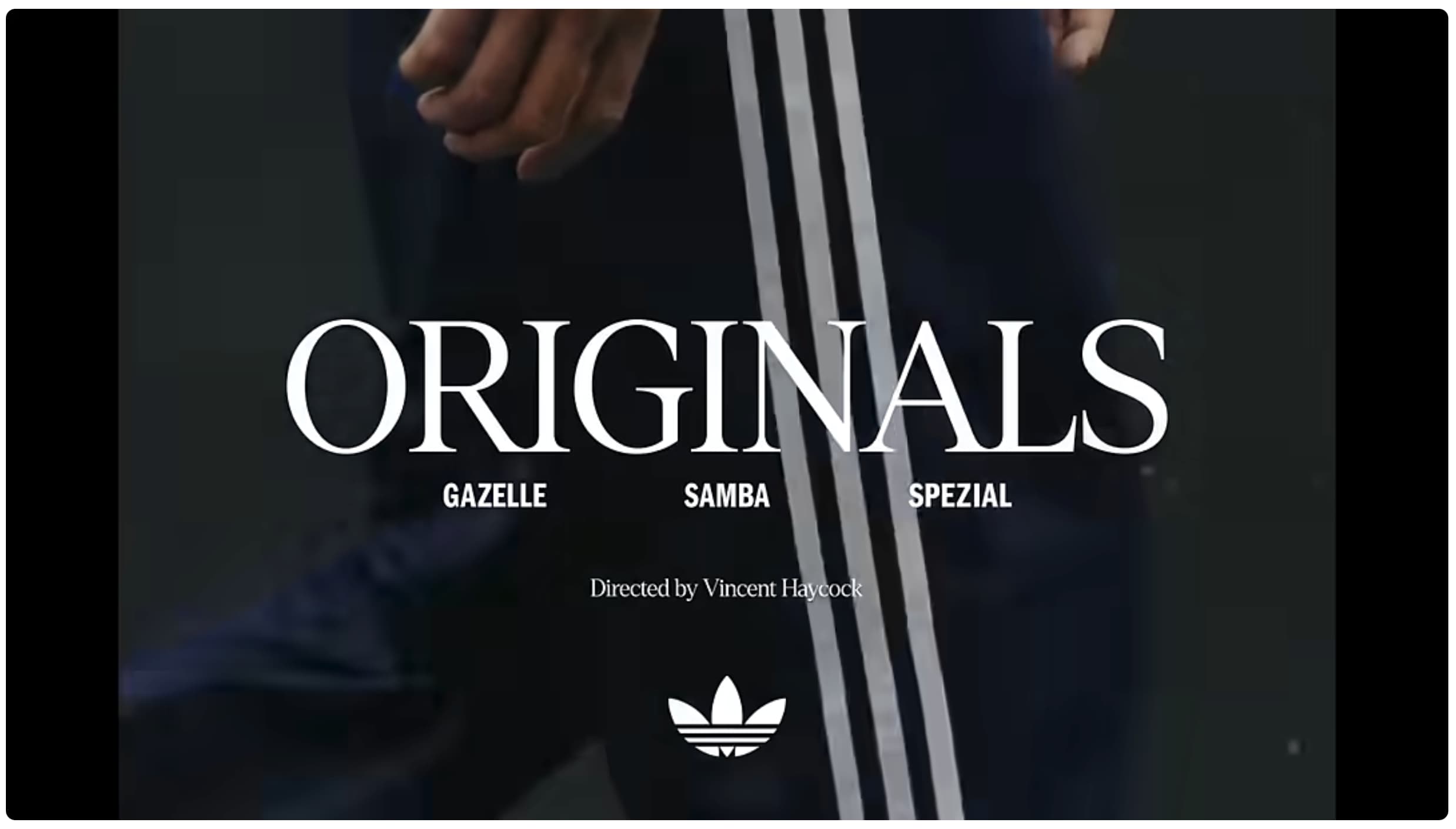 Thumbnail of a YouTube video that shows the leg stripe of an Adidas track pant with the overlay title "Originals: Gazelle, Samba & Spezial"